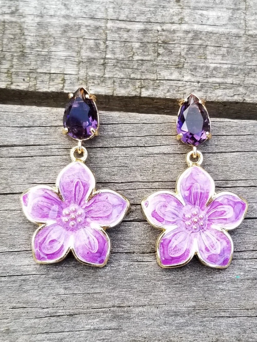 14k Gold Amethyst Floral Stud Earrings, Large Purple Flower Dangle Earrings